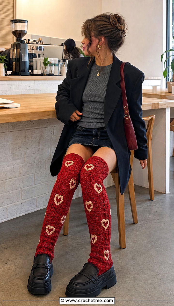 Heart Motif Thigh High Crochet Socks With Denim Skirt - 35 thigh high crochet socks outfit ideas