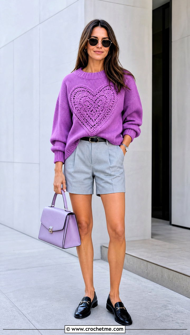 Heart Panel Jumper With Tailored Shorts - 30 crochet heart jumper outfit ideas