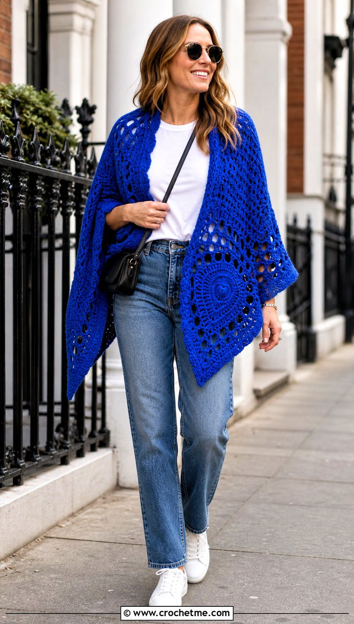 Heart Shaped Crochet Shawl With Straight Leg Jeans - 25 Heart Crochet Shawl outfit ideas