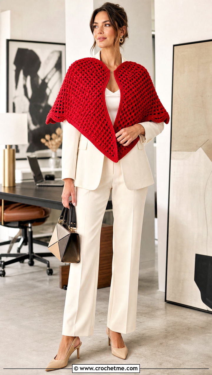 Heart Shaped Waffle Shawl With Pantsuit - 15 Waffle Crochet Shawl outfit ideas