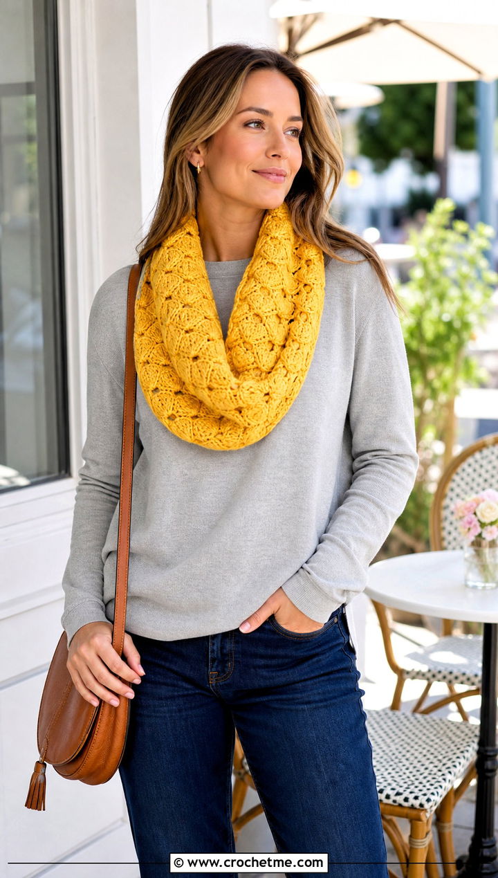 Heart Stitch Infinity Scarf With Sweater And Jeans - 25 crochet heart scarf outfit ideas