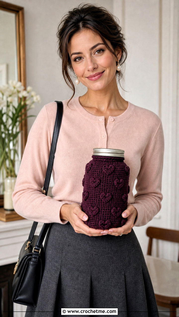 Heart Stitch Mason Jar Sweater With Cardigan and Skirt - 20 Crochet Mason Jar Sweater outfit ideas