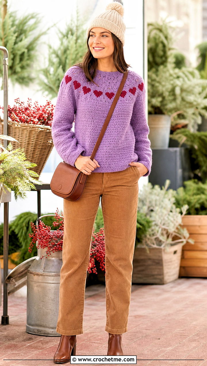Heart Yoke Crochet Sweater With Corduroy Pants - 25 crochet valentine sweater outfit ideas