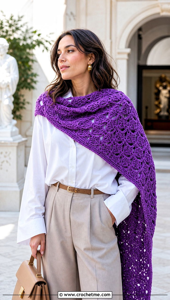 Hearty Diamonds Crochet Wrap With Button Down Shirt - 15 hearty diamonds shawl by k.a.m.e. crochet outfit ideas