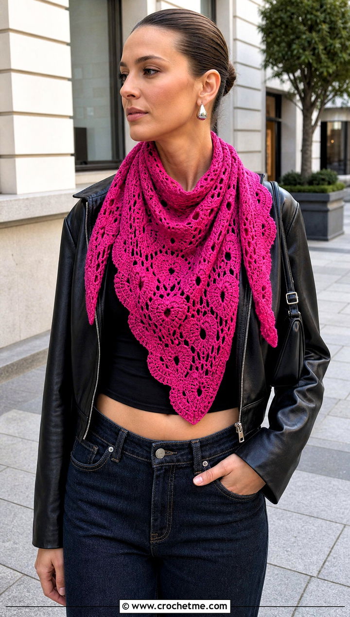 Hearty Diamonds Openwork Shawl With Leather Jacket - 15 hearty diamonds shawl by k.a.m.e. crochet outfit ideas