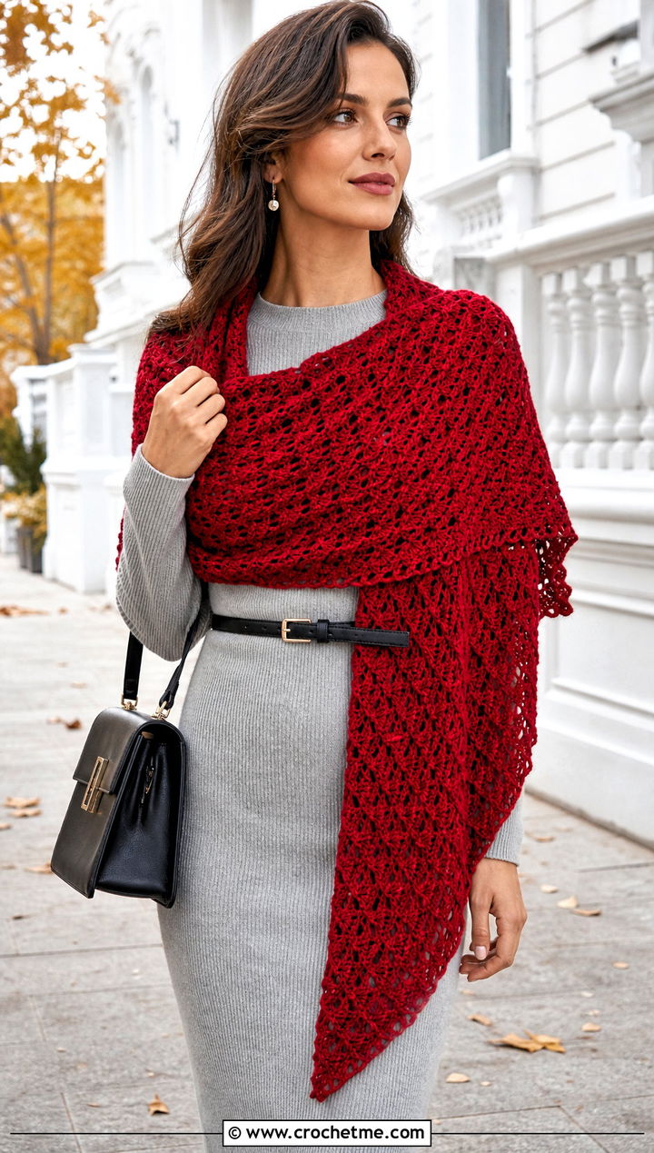 Hearty Diamonds Textured Triangle Shawl With Knit Dress - 15 hearty diamonds shawl by k.a.m.e. crochet outfit ideas