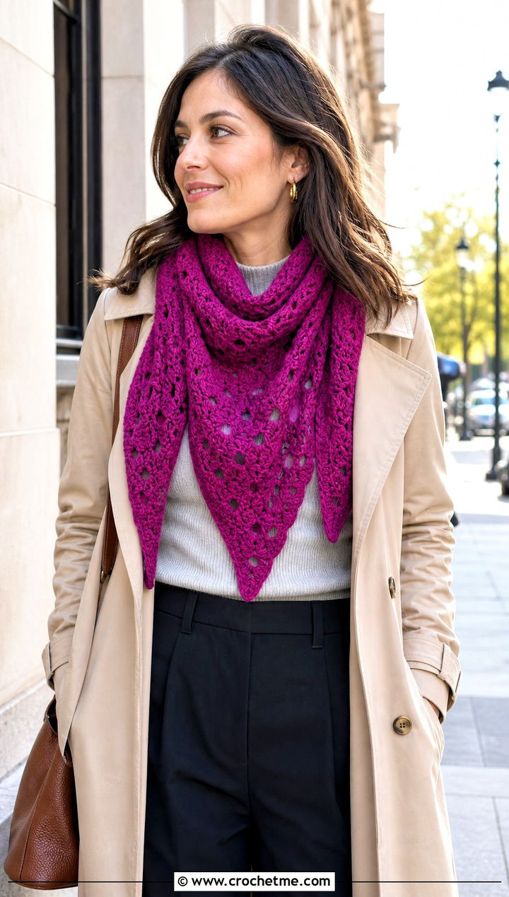 Hearty Diamonds Triangle Crochet Shawl With Trench Coat - 15 hearty diamonds shawl by k.a.m.e. crochet outfit ideas