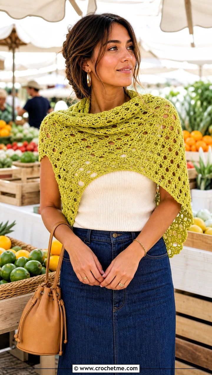 Hearty Diamonds Triangle Wrap With Denim Midi Skirt - 15 hearty diamonds shawl by k.a.m.e. crochet outfit ideas