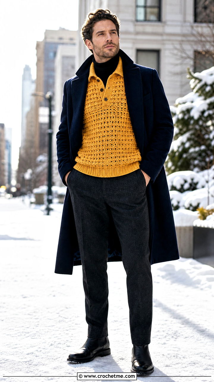 Heavy Crochet Shirt With Wool Overcoat And Trousers - 35 crochet shirt men outfit ideas