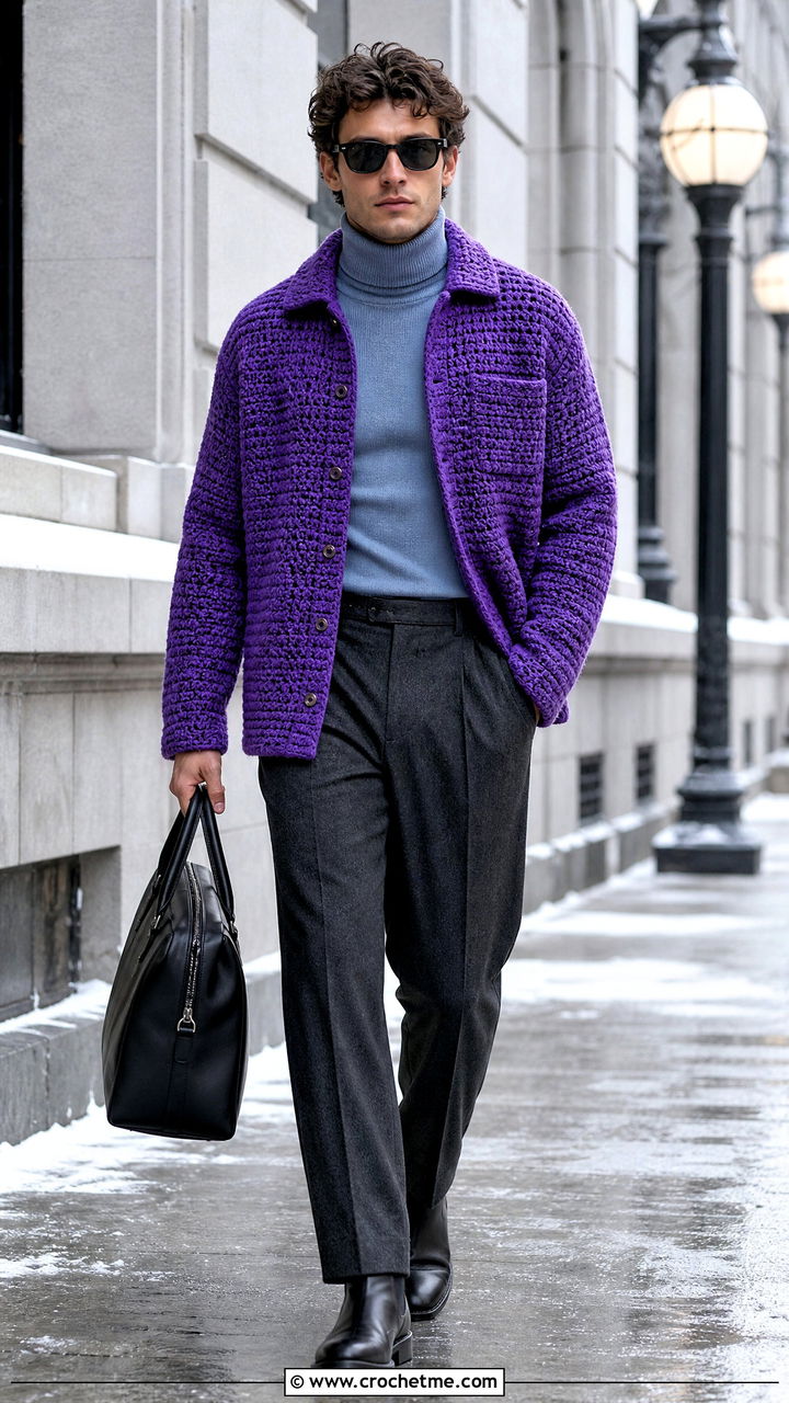 Heavyweight Crochet Shirt With Turtleneck And Wool Trousers - 35 mens crochet shirt outfit ideas