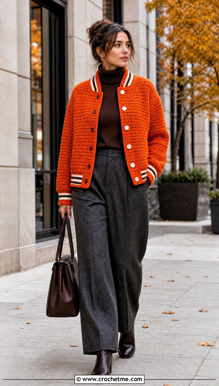 Heavyweight Crochet Varsity Jacket With Wool Trousers - 35 crochet varsity jacket outfit ideas