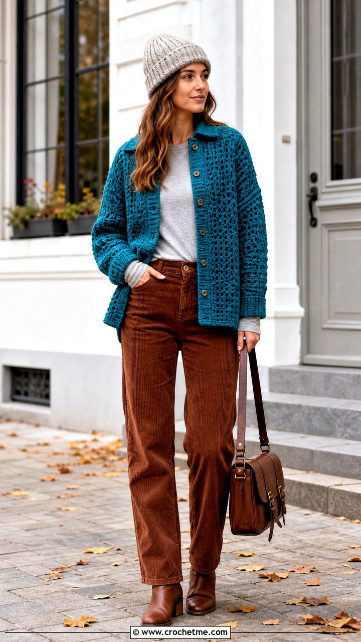 Heavyweight Textured Crochet Button Up Shirt With Corduroy Pants - 35 crochet button up shirt outfit ideas