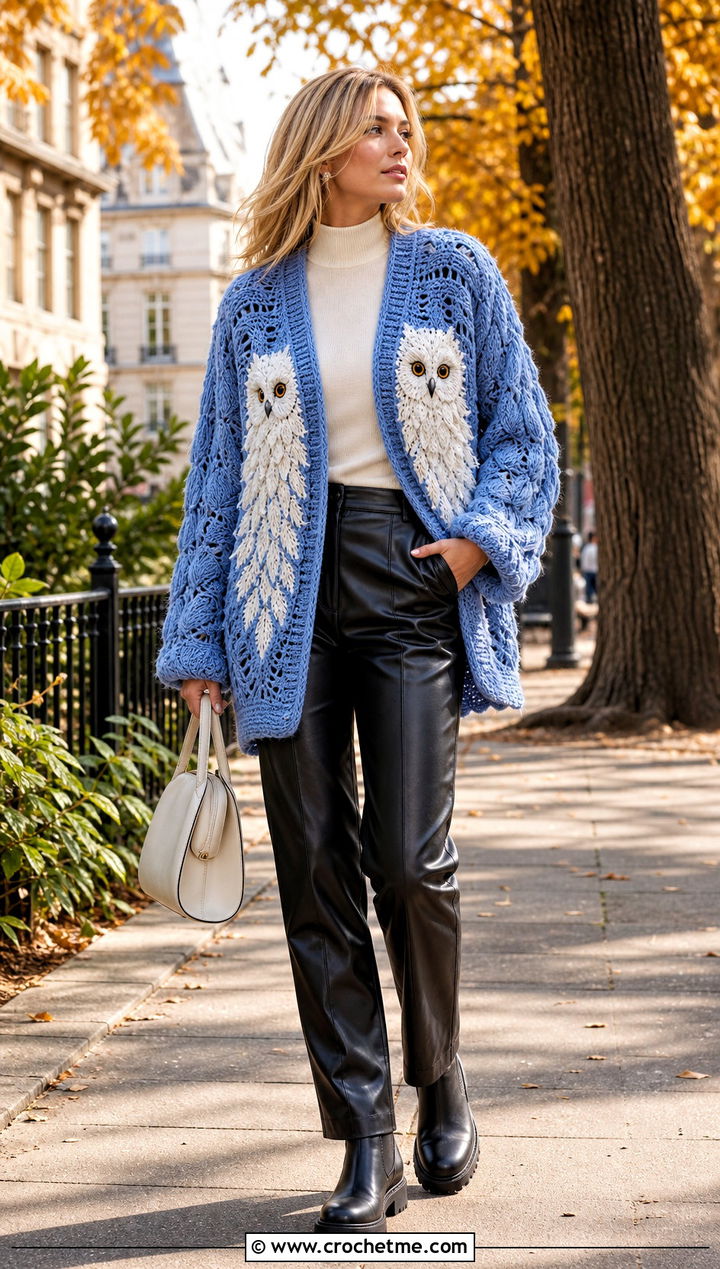 Hedwig Crochet Cardigan With Faux Leather Pants - 25 harry potter crochet clothes and outfit ideas