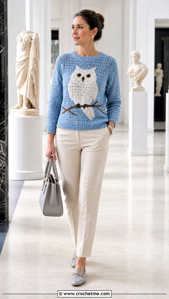 Hedwig Motif Crochet Sweater With Cream Trousers - 35 crochet harry potter sweater outfit ideas