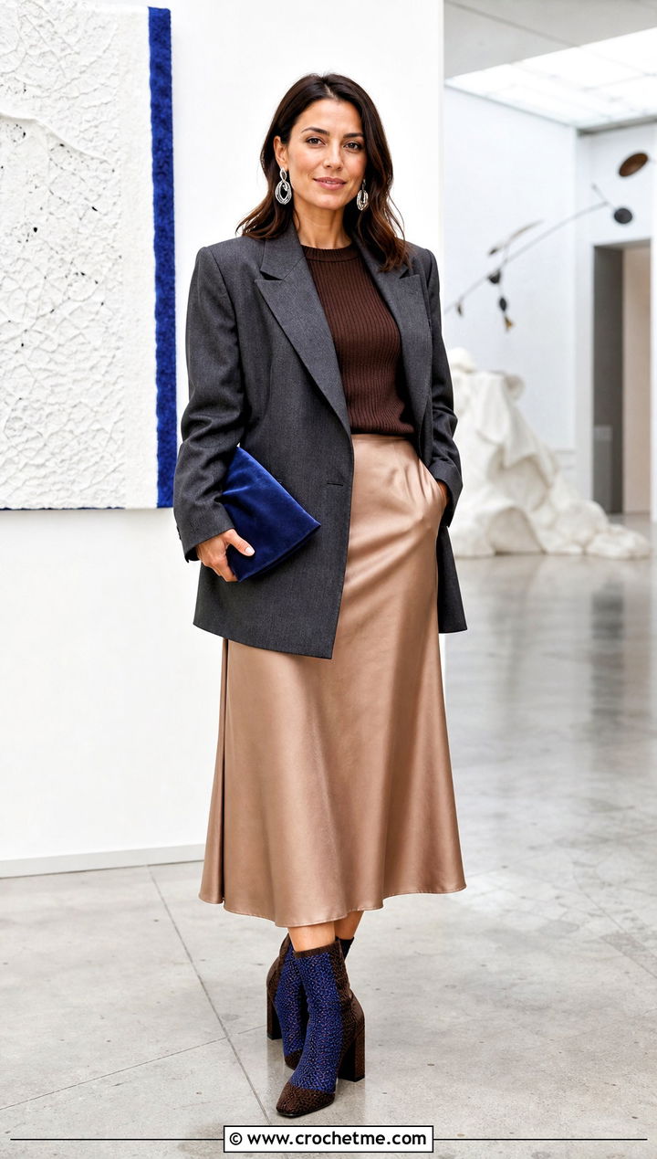 Heeled Crochet Ankle Boots With Satin Midi Skirt - 15 Blue And Brown Crochet Boots outfit ideas