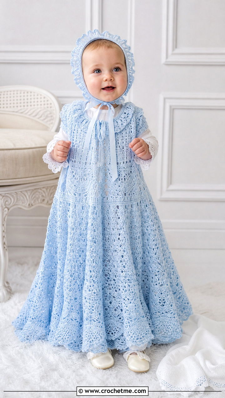 Heirloom Crochet Baptism Gown With Silk Bonnet - 15 crochet baptism dress outfit ideas