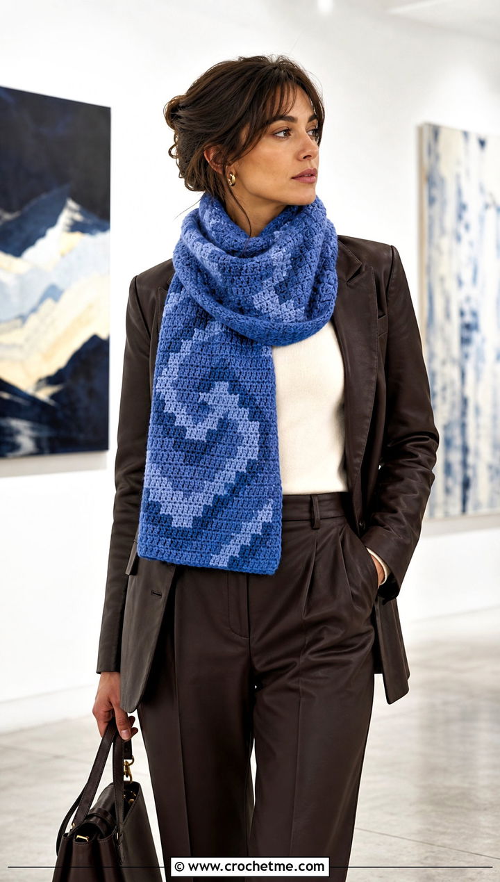 Helix C C Scarf With Leather Blazer And Trousers - 35 c2c crochet scarf outfit ideas