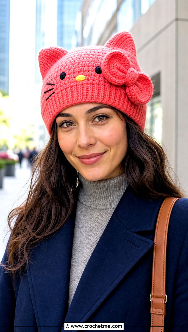 Hello Kitty Bow Beanie With Office Trousers - 25 sanrio crochet beanie outfit ideas