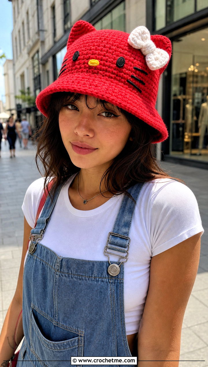 Hello Kitty Crochet Bucket Hat With Denim Overalls - 30 sanrio crochet hat outfit ideas