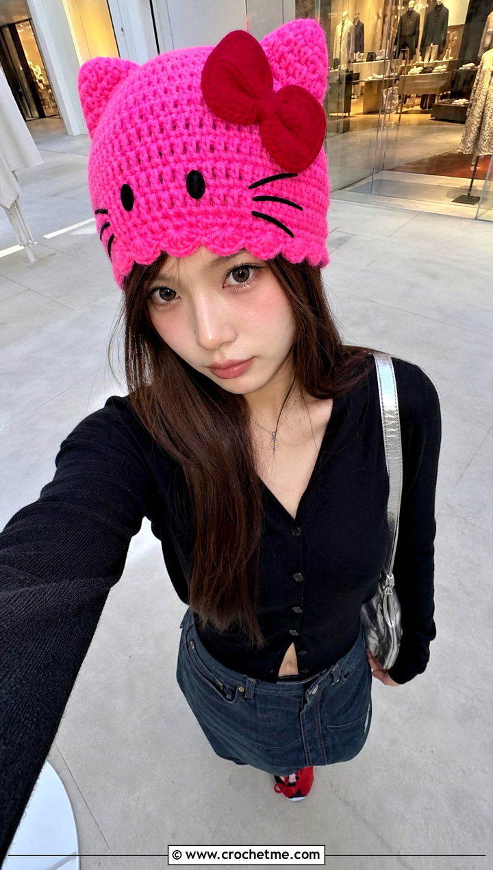 Hello Kitty Crochet Ear Beanie With A Denim Maxi Skirt - 30 sanrio crochet hat outfit ideas