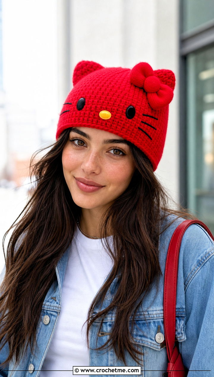 Hello Kitty Cuffed Beanie With Denim Jacket - 25 sanrio crochet beanie outfit ideas