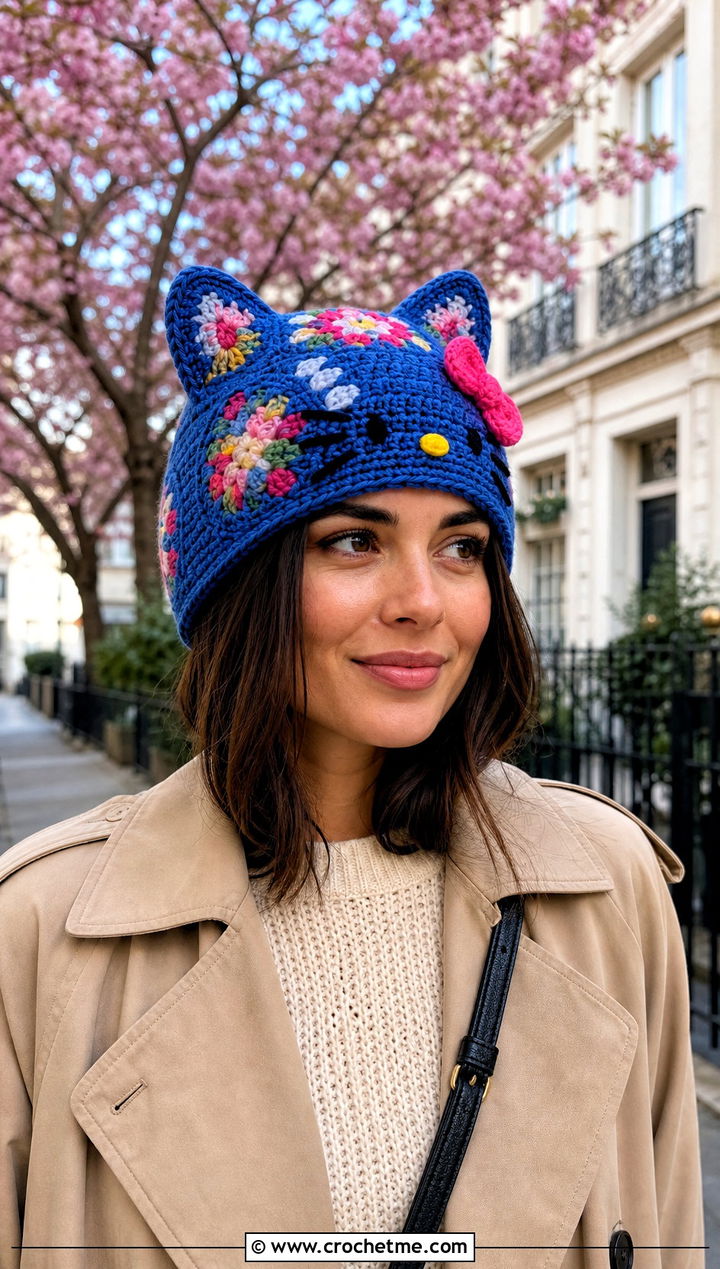 Hello Kitty Granny Square Beanie With Trench Coat - 25 sanrio crochet beanie outfit ideas