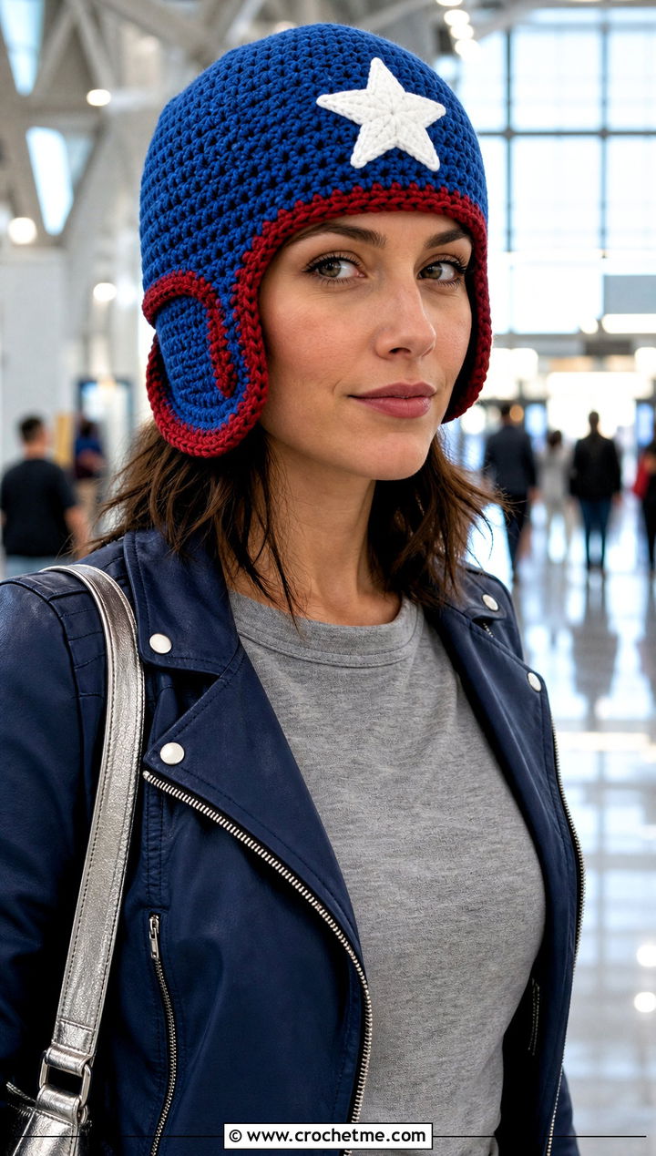 Helmet Crochet Captain America Hat With Moto Jacket - 25 Crochet Captain America Hat outfit ideas