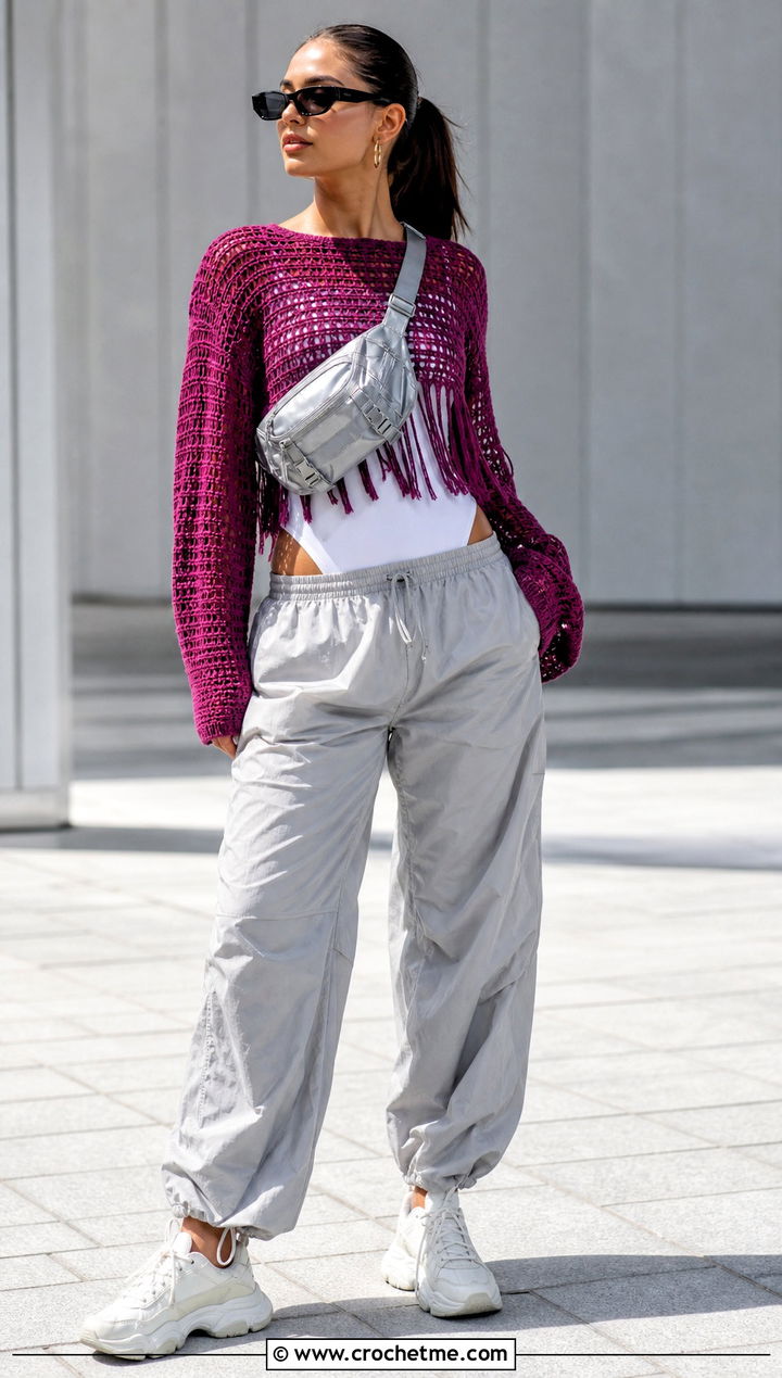 Hem Fringe Crochet Sweater With Parachute Pants - 20 Crochet Fringe Sweater outfit ideas
