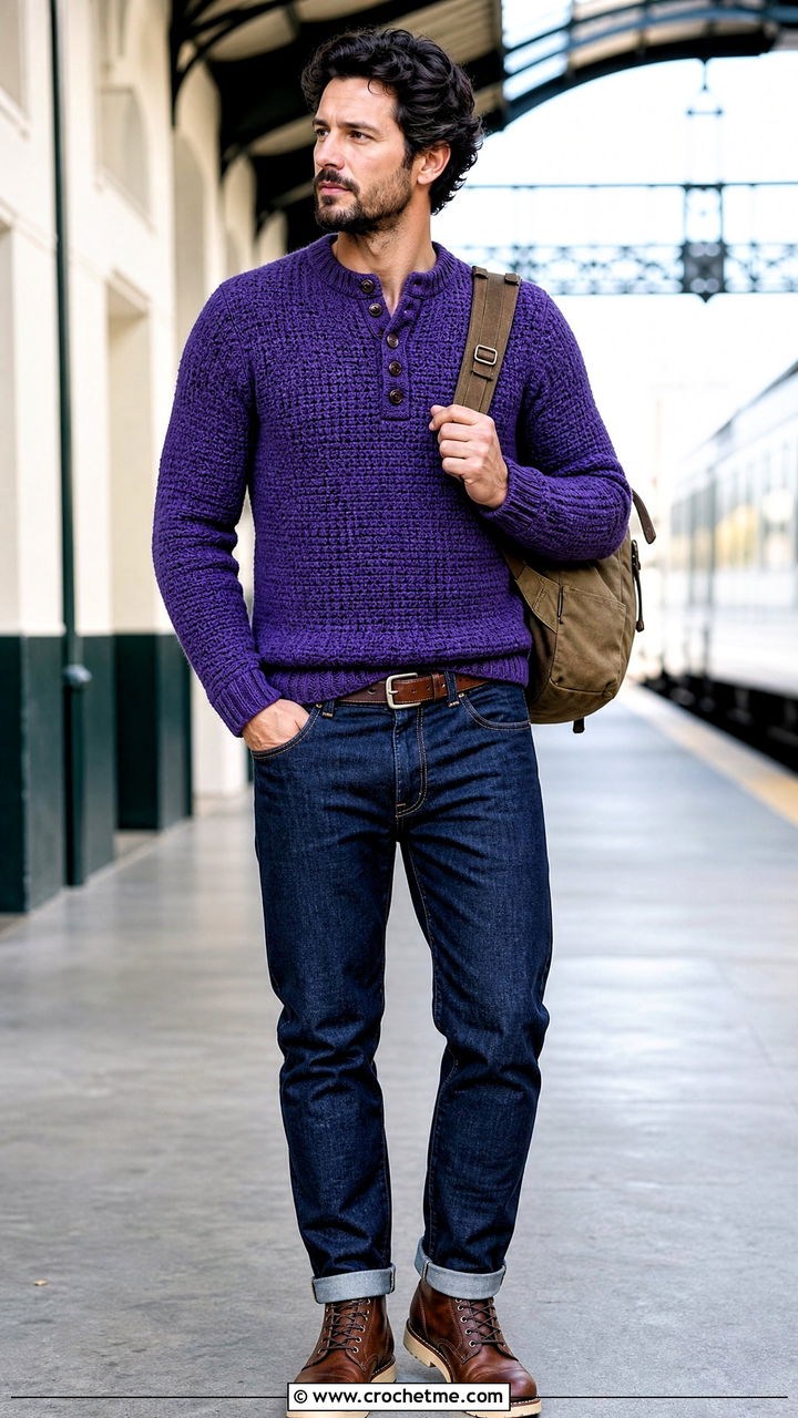 Henley Crochet Sweater With Selvedge Denim - 35 crochet sweater for men outfit ideas