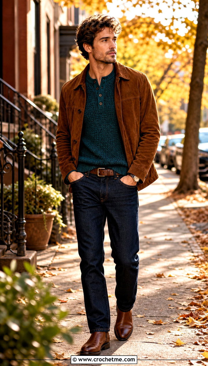 Henley Neck Crochet Sweater With Suede Jacket - 30 crochet sweater for man outfit ideas