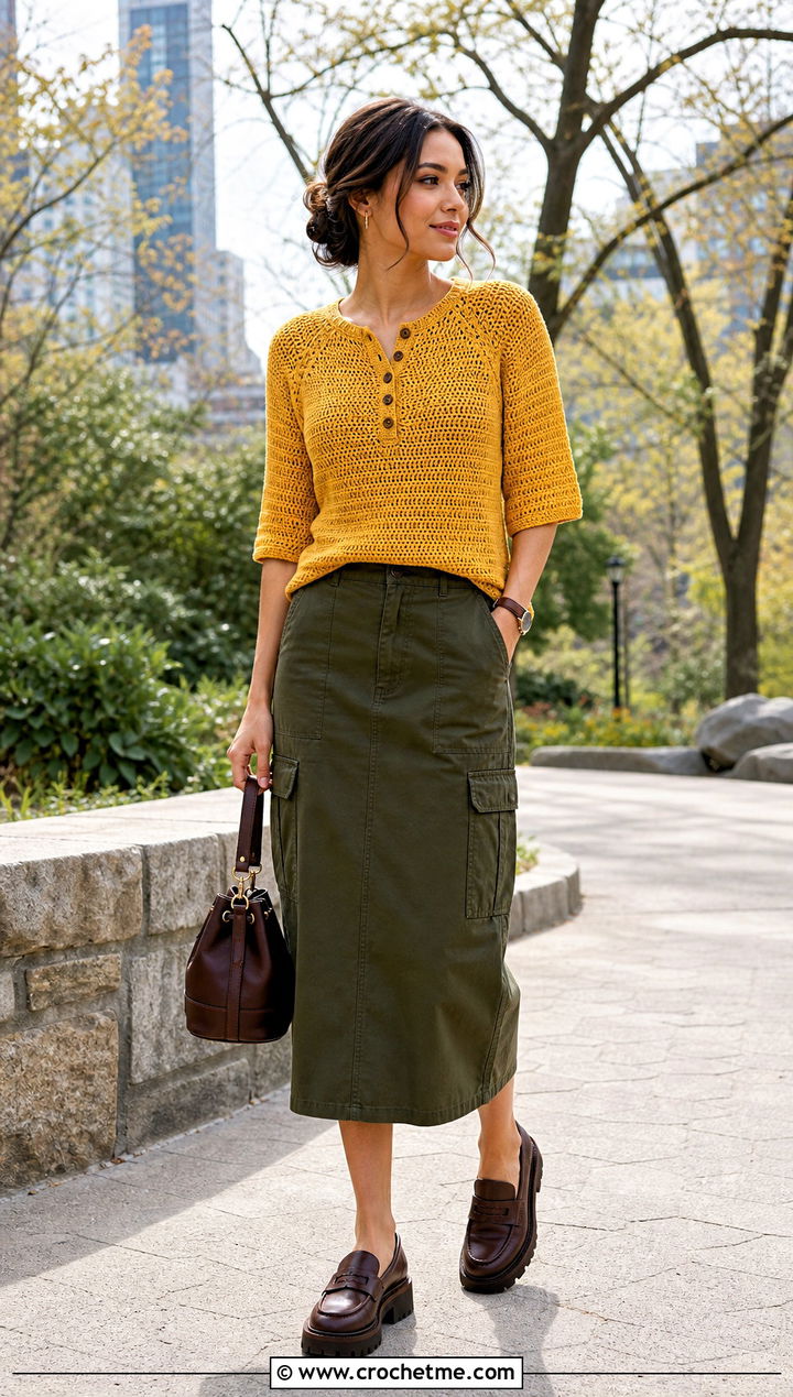 Henley Raglan Crochet Top With Utility Midi Skirt - 35 raglan crochet top outfit ideas