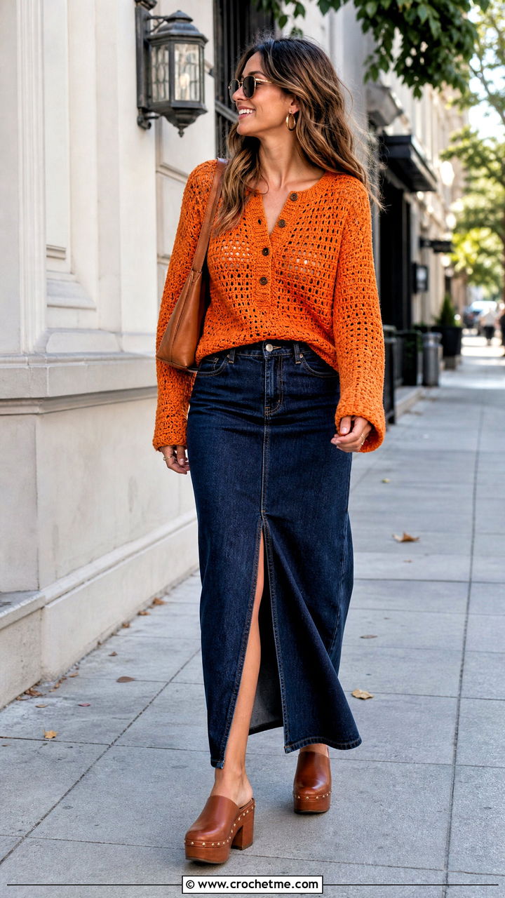 Henley Top Down Crochet Sweater With Denim Maxi Skirt - 35 top down crochet sweater outfit ideas
