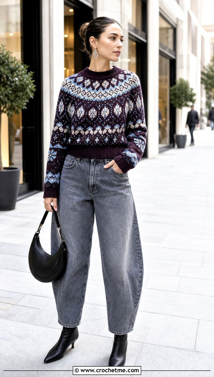 Henningsvr Norwegian Crochet Sweater With Barrel Jeans - 20 Norwegian Crochet Sweater outfit ideas