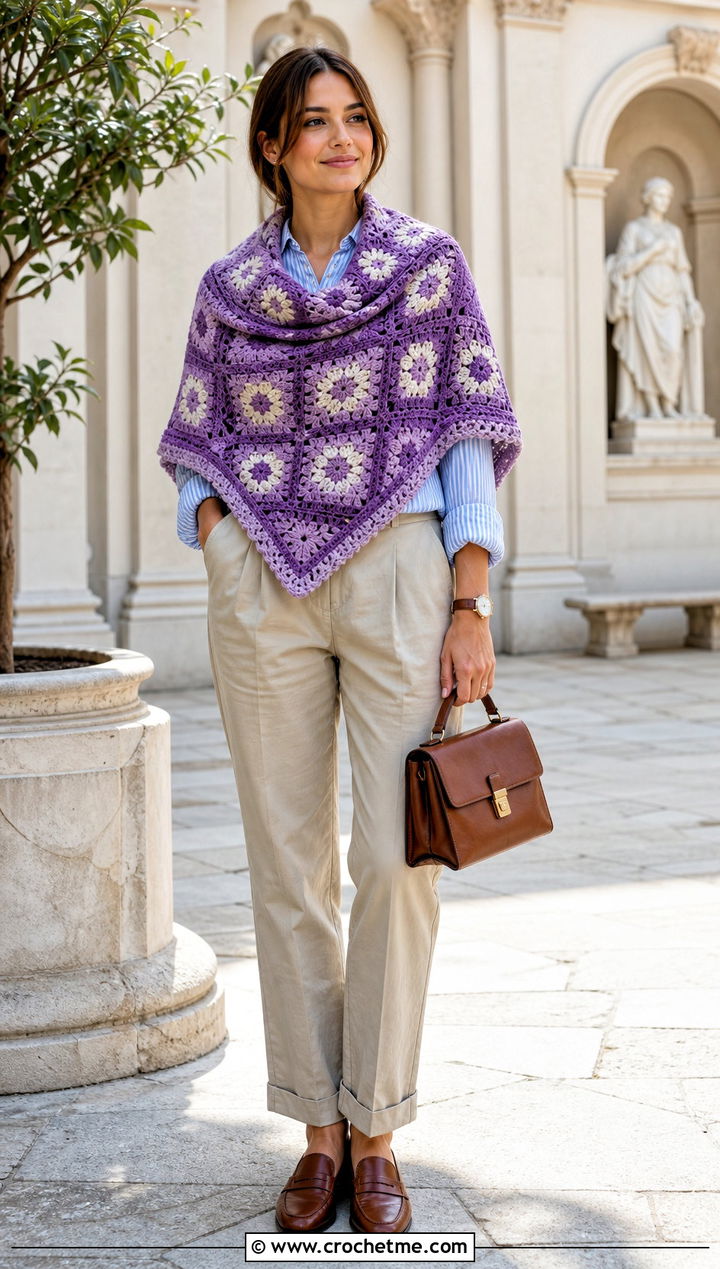 Heritage Granny Square Shawl With Striped Shirt And Chinos - 35 granny square shawl outfit ideas