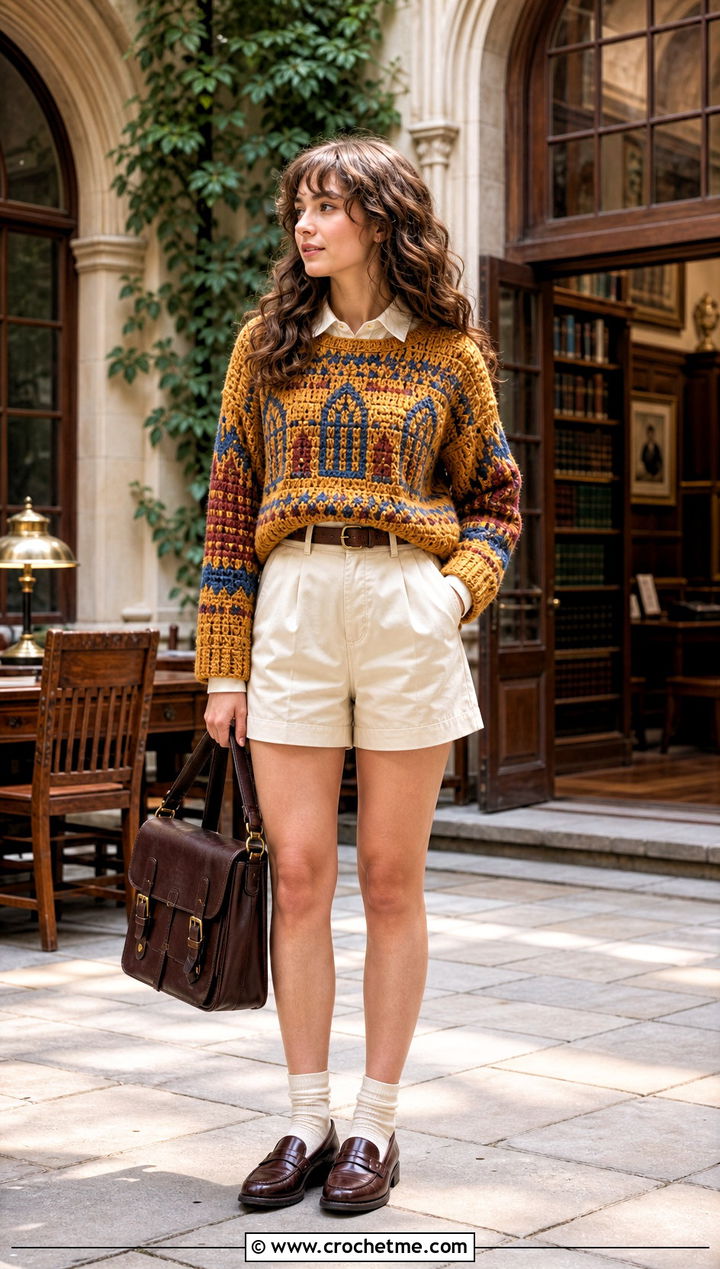 Hermione Room Of Requirement Crochet Sweater With Tailored Shorts - 25 Harry Potter Crochet Sweater outfit ideas