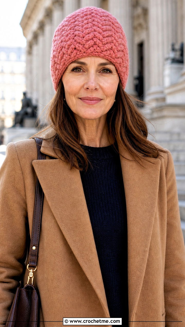 Herringbone Bulky Crochet Beanie With Camel Coat - 30 bulky crochet beanie outfit ideas