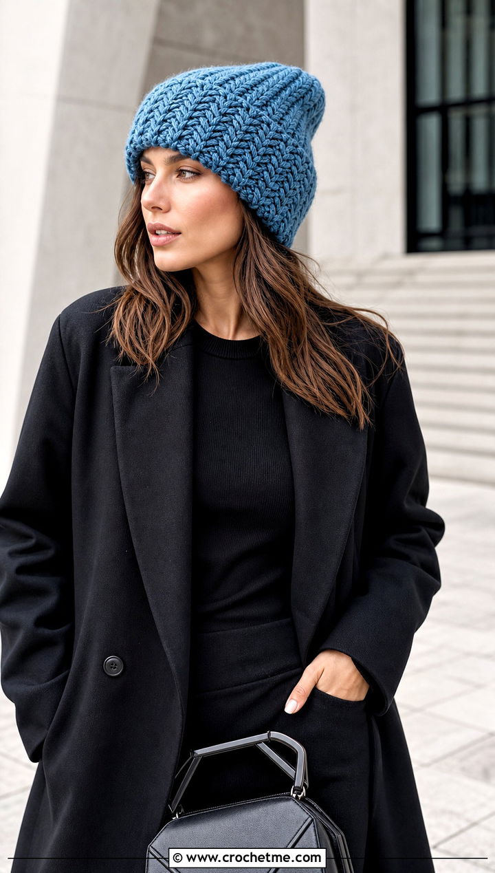 Herringbone Bulky Yarn Crochet Beanie With Long Overcoat - 30 bulky yarn crochet beanie outfit ideas