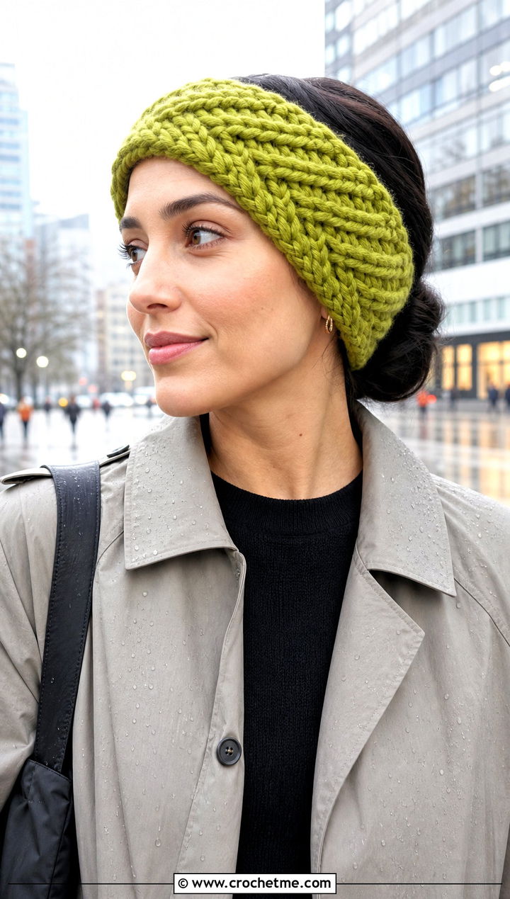 Herringbone Bulky Yarn Crochet Ear Warmer With Trench Coat - 20 Bulky Yarn Crochet Ear Warmer outfit ideas