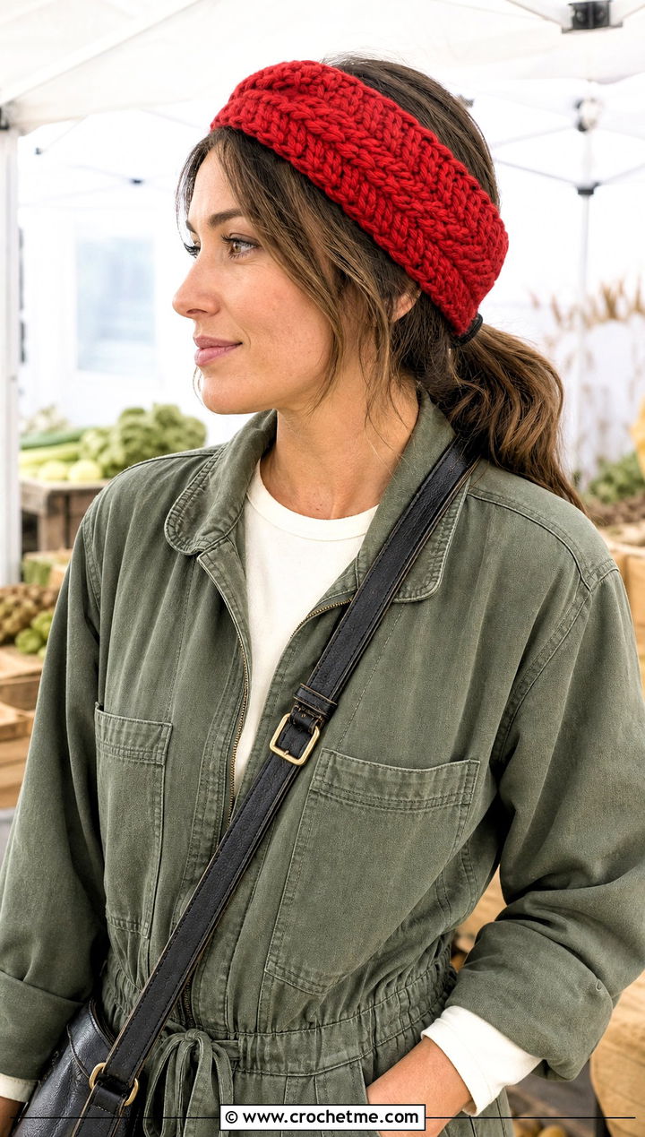 Herringbone Bulky Yarn Crochet Headband With Utility Jumpsuit - 25 bulky yarn crochet headband outfit ideas