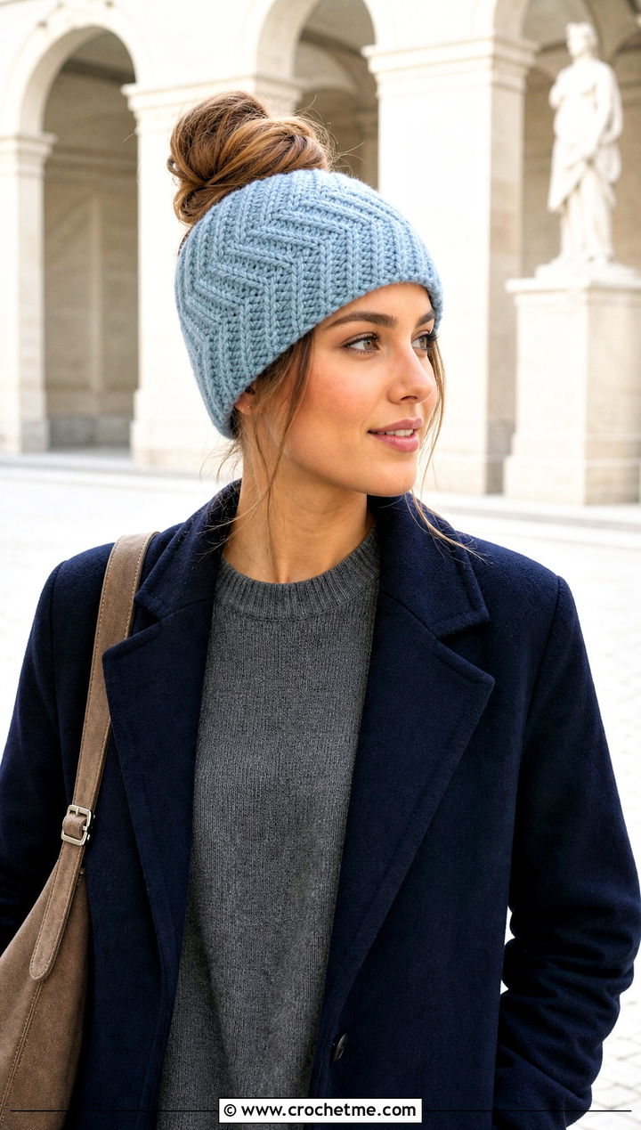 Herringbone Bun Beanie With Satin Skirt - 15 bun crochet hat outfit ideas