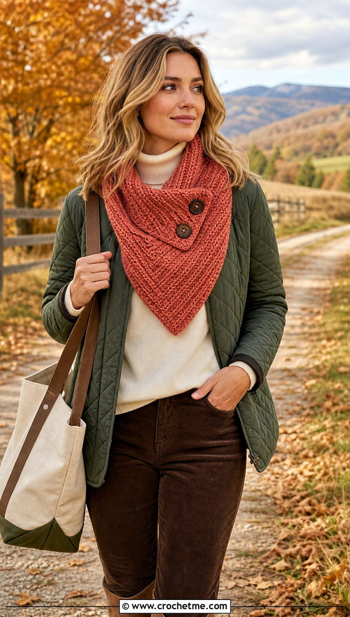 Herringbone Button Cowl With Quilted Jacket And Corduroy Pants - 15 Crochet Cowl With Buttons outfit ideas