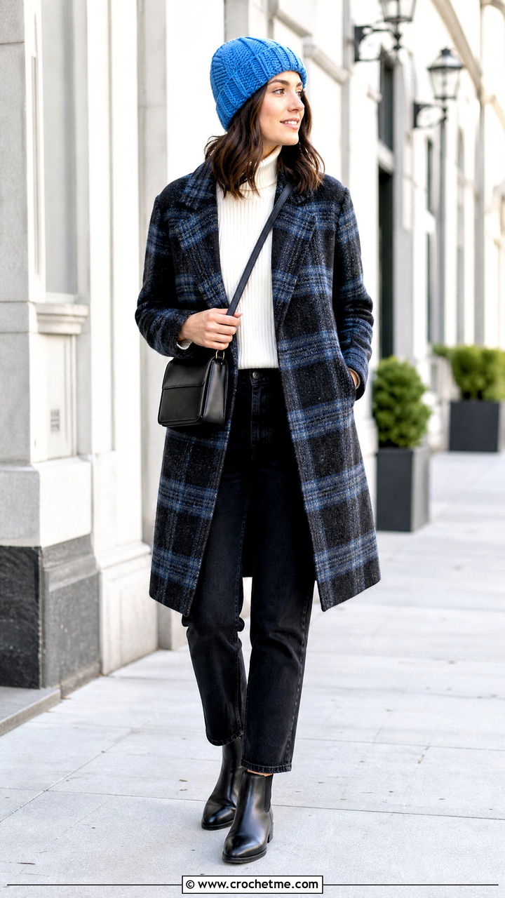 Herringbone Chunky Crochet Beanie With Plaid Coat And Black Jeans - 35 chunky crochet hat outfit ideas
