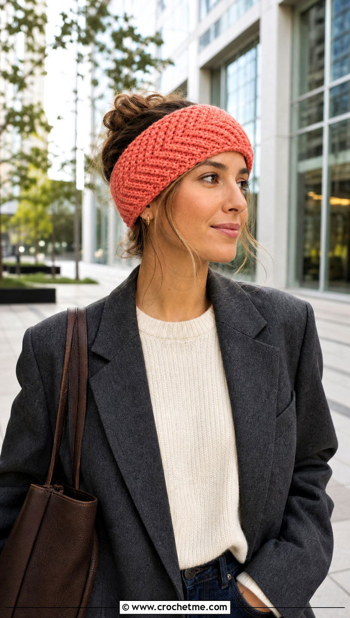 Herringbone Chunky Crochet Ear Warmer With Blazer And Jeans - 30 chunky crochet ear warmer outfit ideas
