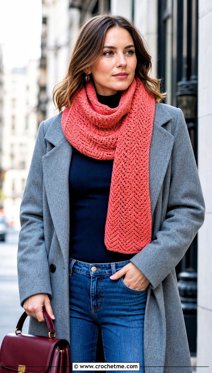 Herringbone Cowl Neck Crochet Scarf With Wool Coat - 25 Cowl Neck Crochet Scarf outfit ideas