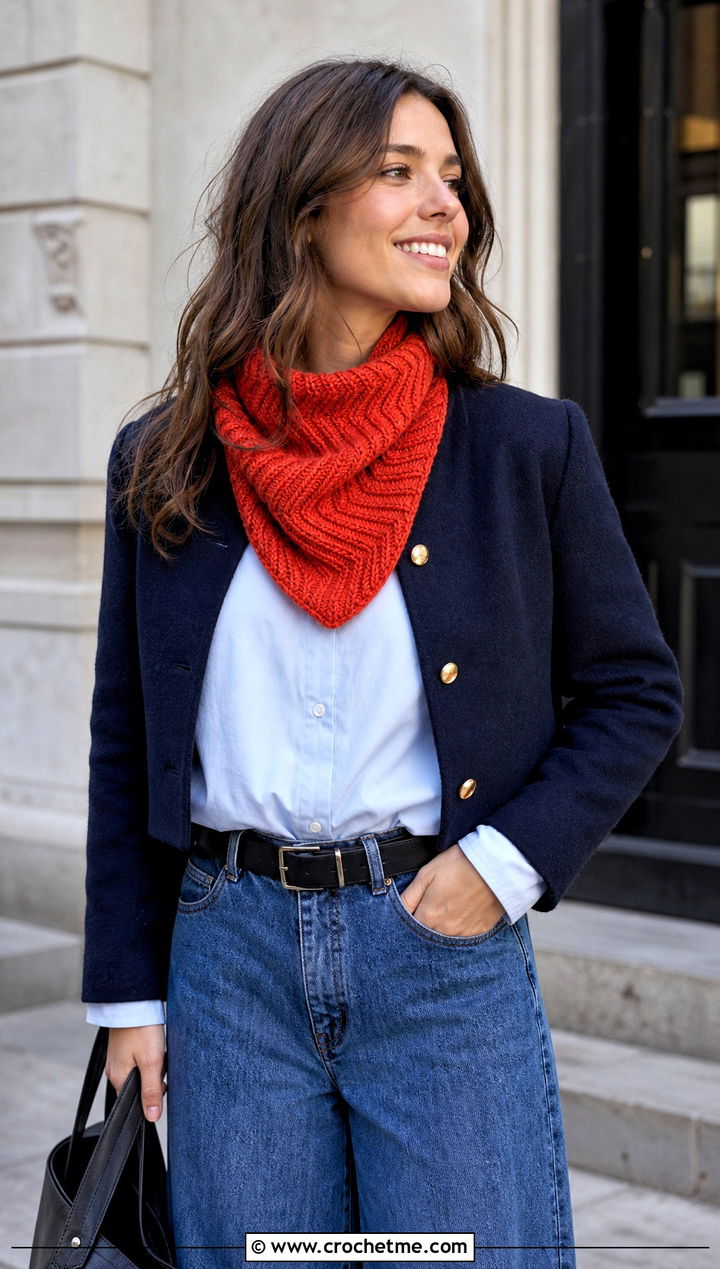 Herringbone Crochet Bandana Cowl With Wide Leg Jeans - 30 crochet bandana cowl outfit ideas
