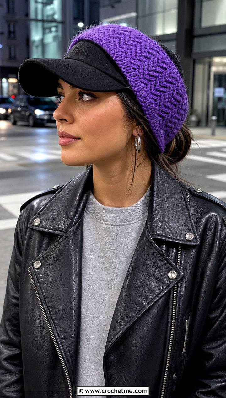 Herringbone Crochet Baseball Hat Ear Warmer With Leather Jacket - 25 Crochet Baseball Hat Ear Warmer outfit ideas