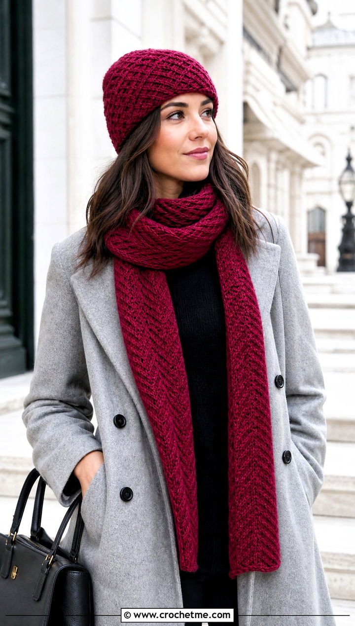 Herringbone Crochet Beanie And Scarf Set With Tailored Coat - 30 crochet beanie and scarf set outfit ideas