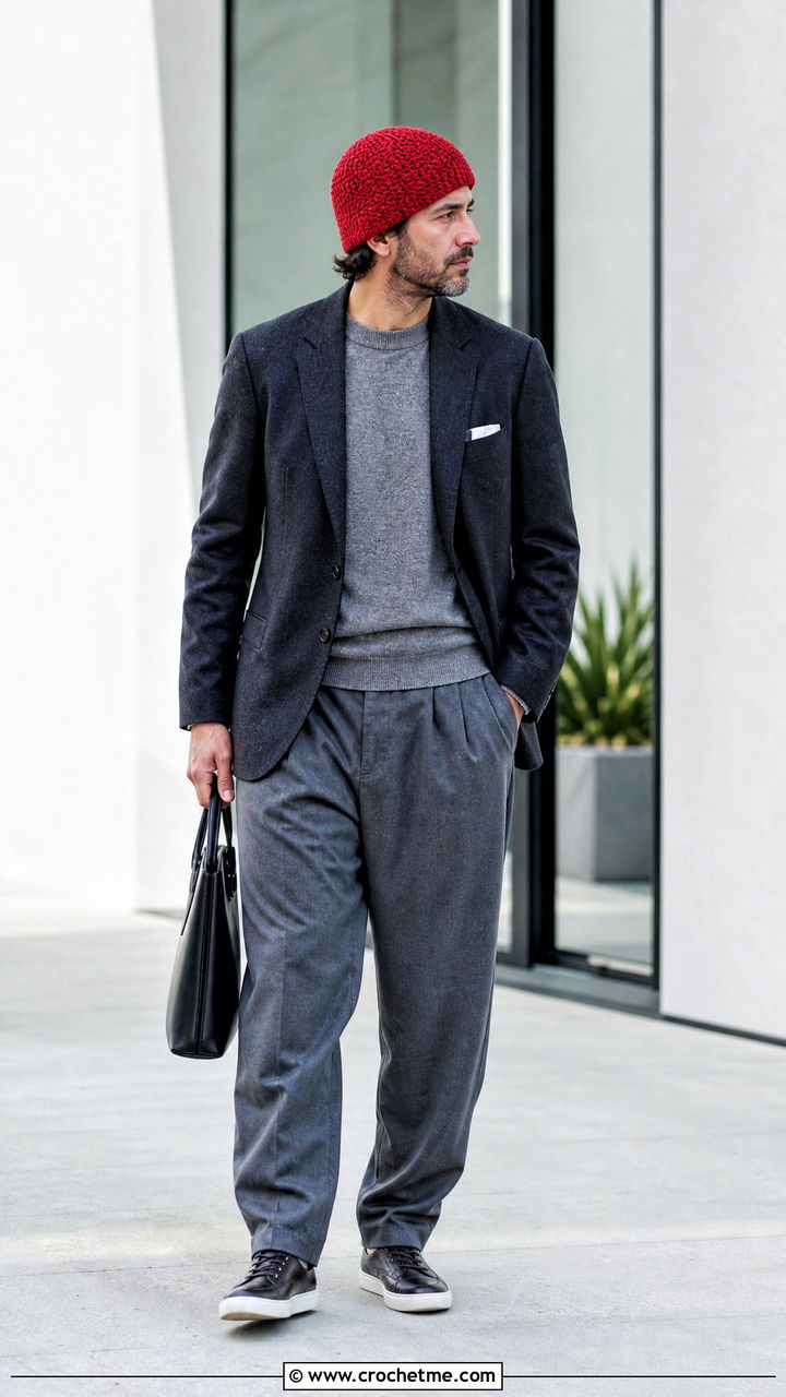 Herringbone Crochet Beanie With Blazer And Pleated Trousers - 35 crochet beanie for men outfit ideas