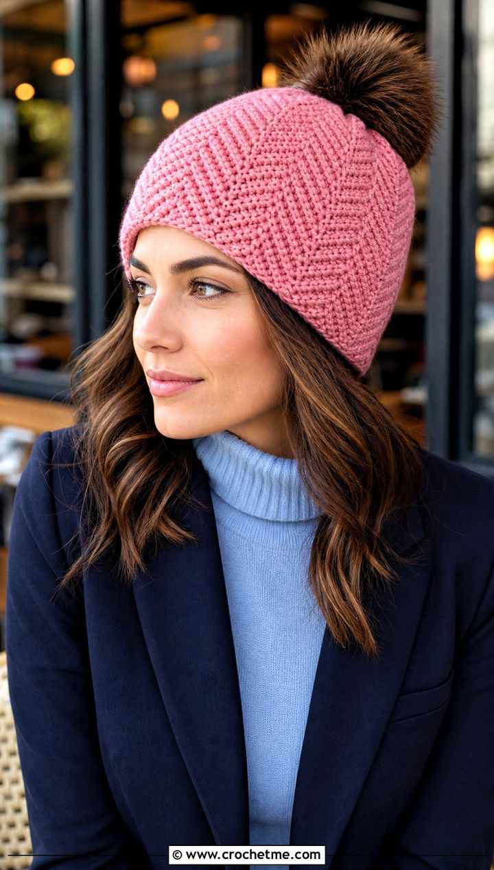 Herringbone Crochet Beanie With Blazer And Straight Jeans - 15 Crochet Hat With Fur Pom Pom outfit ideas