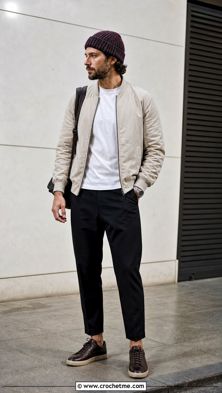 Herringbone Crochet Beanie With Bomber Jacket - 35 Men Crochet Beanie outfit ideas